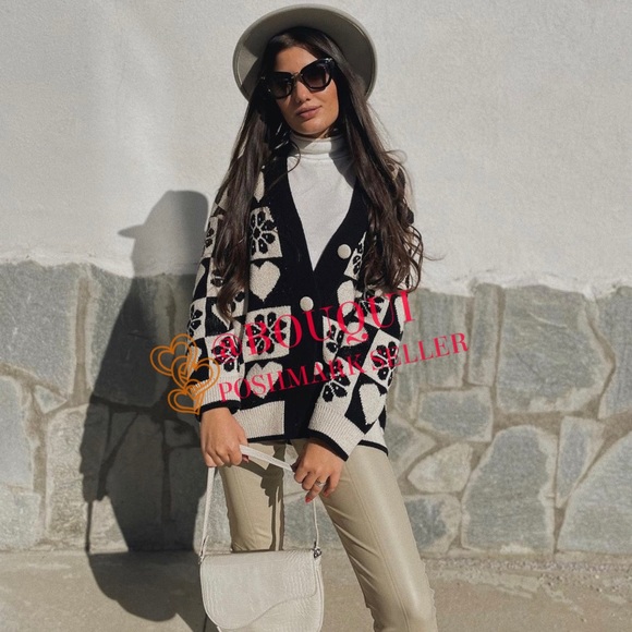 BLOGGERS FAV ZARA V-NECK KNIT JACQUARD JACKET CARDIGAN - Picture 4 of 15